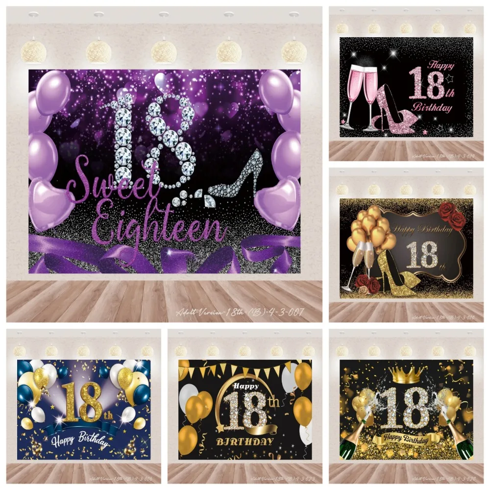 

Black gold glitter balloon themed 18th birthday banner background, boys and girls 18th party decoration photography background