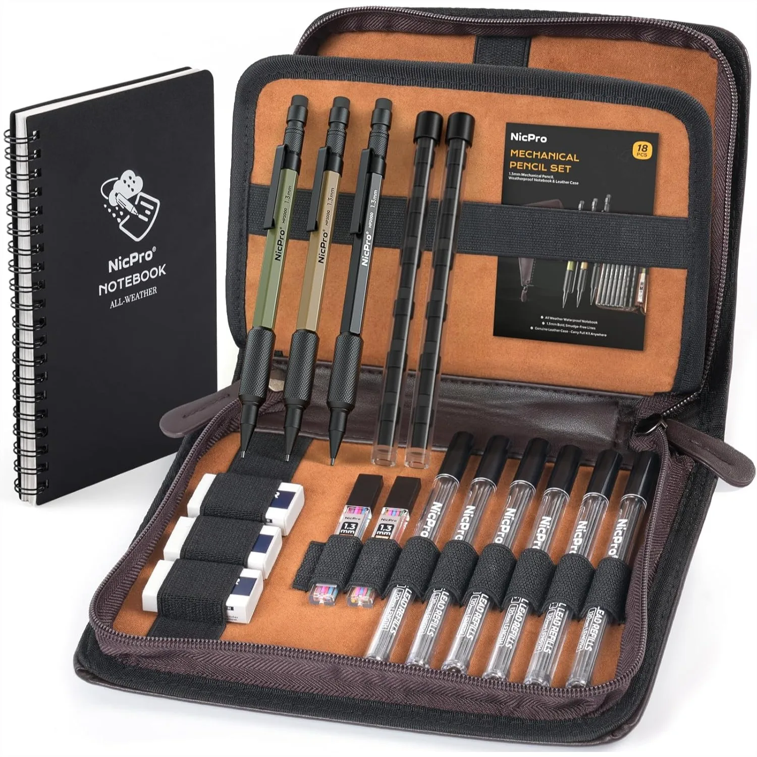 

1.3mm Mechanical Pencil Set in Leather Bag with Waterproof Notebooks, 3PCS Metal Carpenter Pencil for Outdoor Drafting Drawing