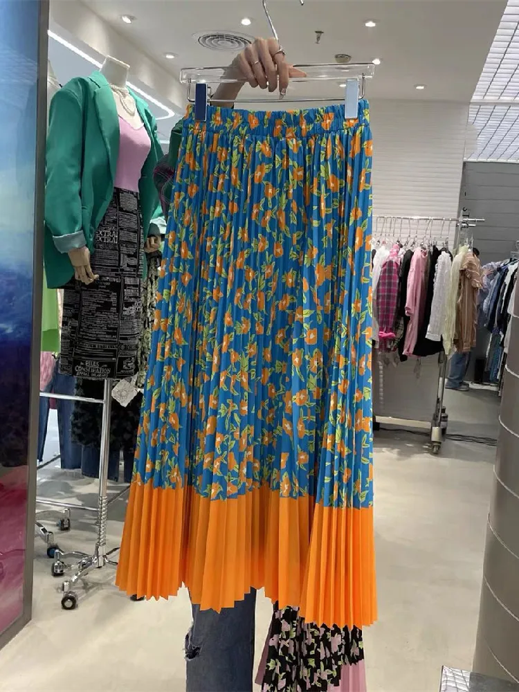 Korean Style Spring Summer Contrasting Printed Pleated Elastic Waist A-line Skirt Plaid Skirt  vintage Pleated Skirt