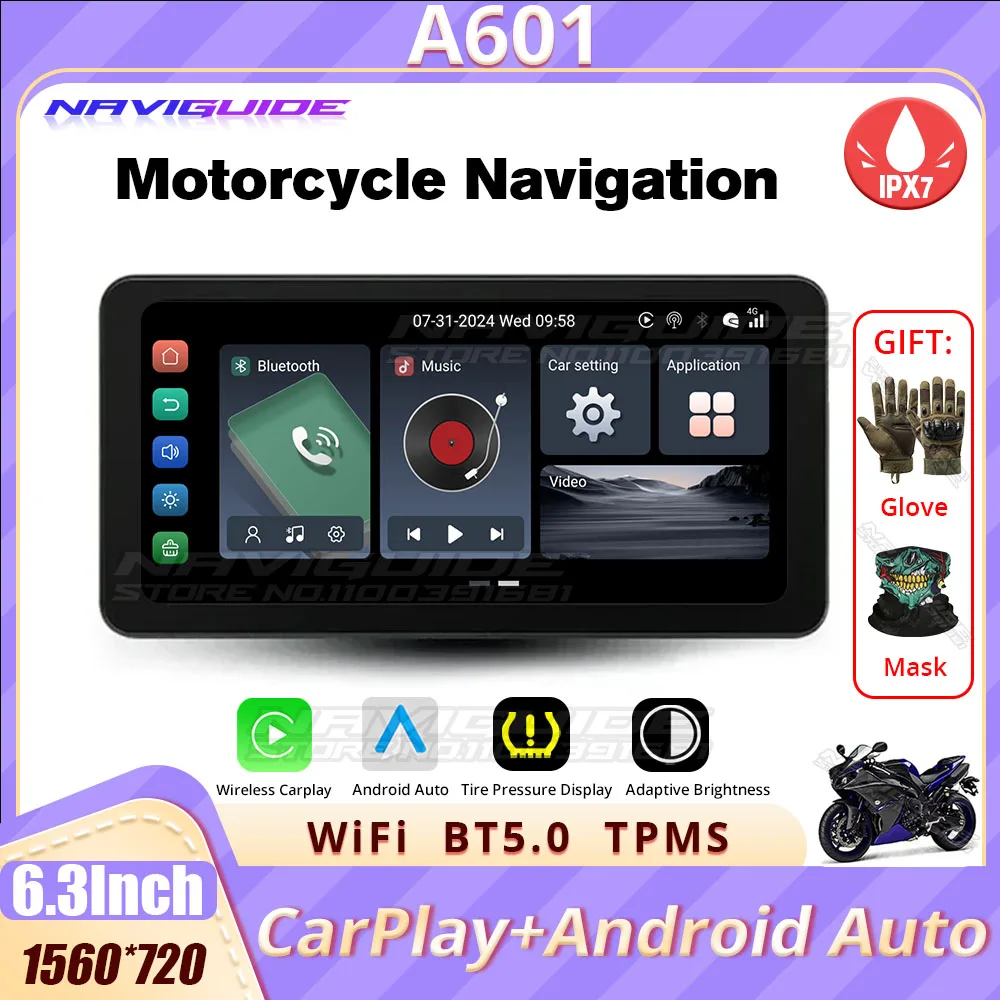 NAVIGUIDE A601 6.3'' Android 12 carplay motorcycle Wireless CarPlay&Android Auto Portable Moto LCD Display IPX7 WiFi 1560*720 BT 