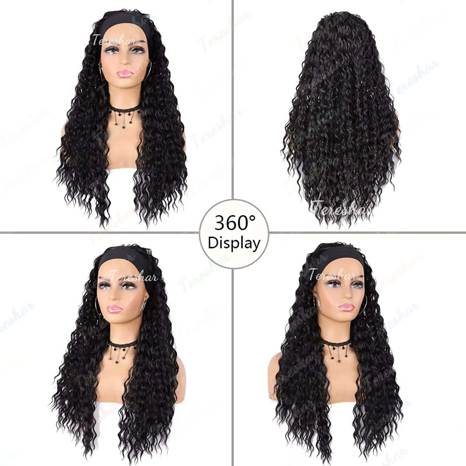 흑인 여성을위한 합성 머리띠 가발 24 인치 긴 물결 가발 전체 기계 제작 가발 26 인치 머리 곱슬 일일 가발