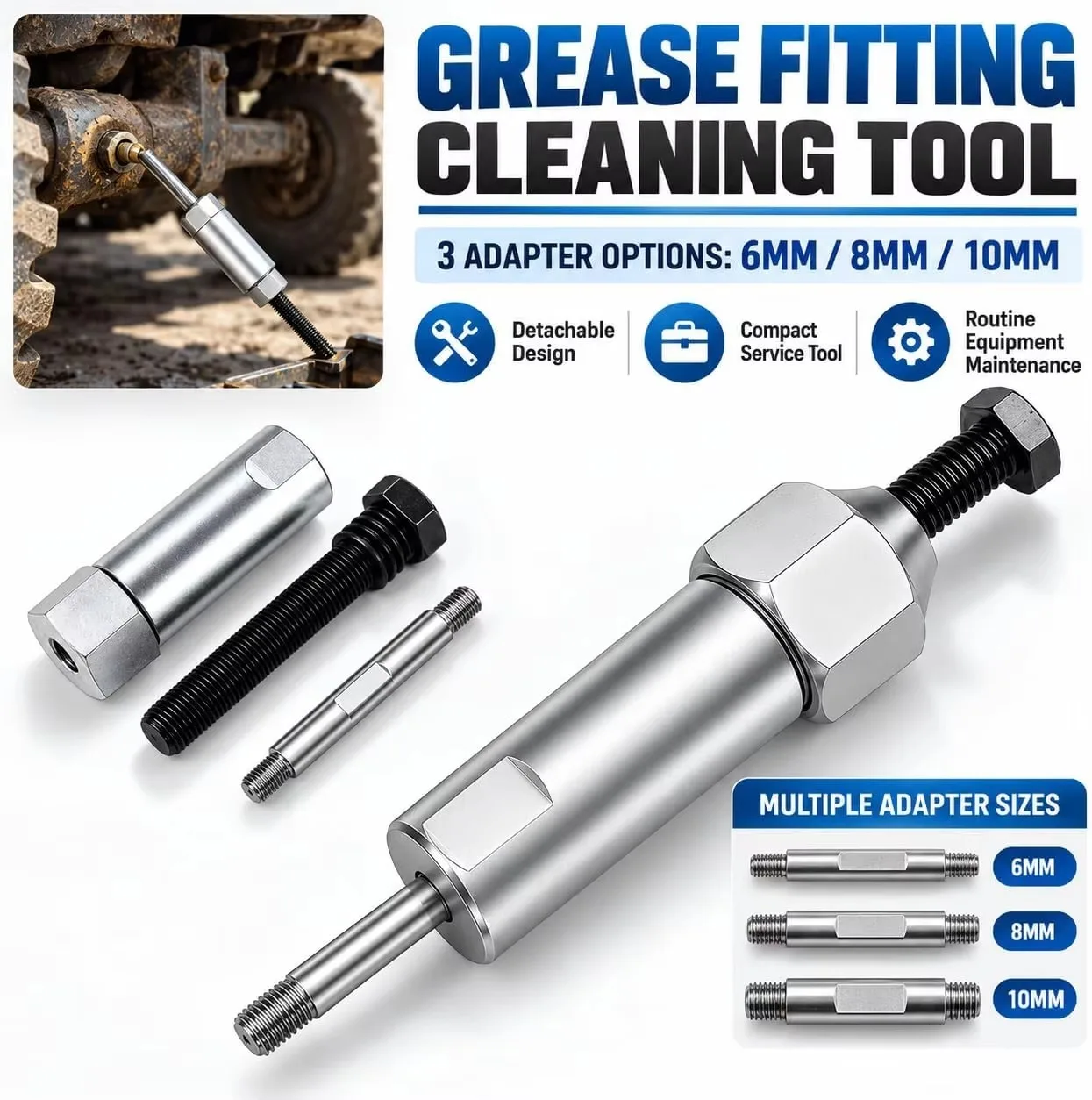 Grease Fitting Unblocker Tool Kit with 6/8/10mm Push Rods, Alloy Steel Grease Zerk Cleaner for Auto and Farm Equipment