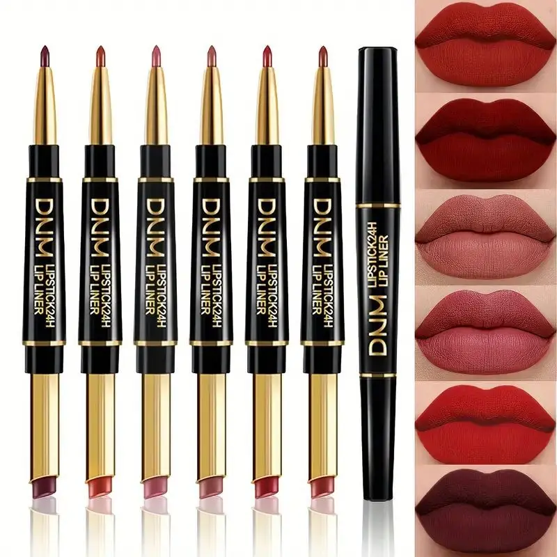 12-Farben-Doppelseitiger Lippenstift- und Lipliner-Stift, wasserfest, antihaftbeschichtet, langlebig, natürlicher Make-up-Effekt für alle Haut