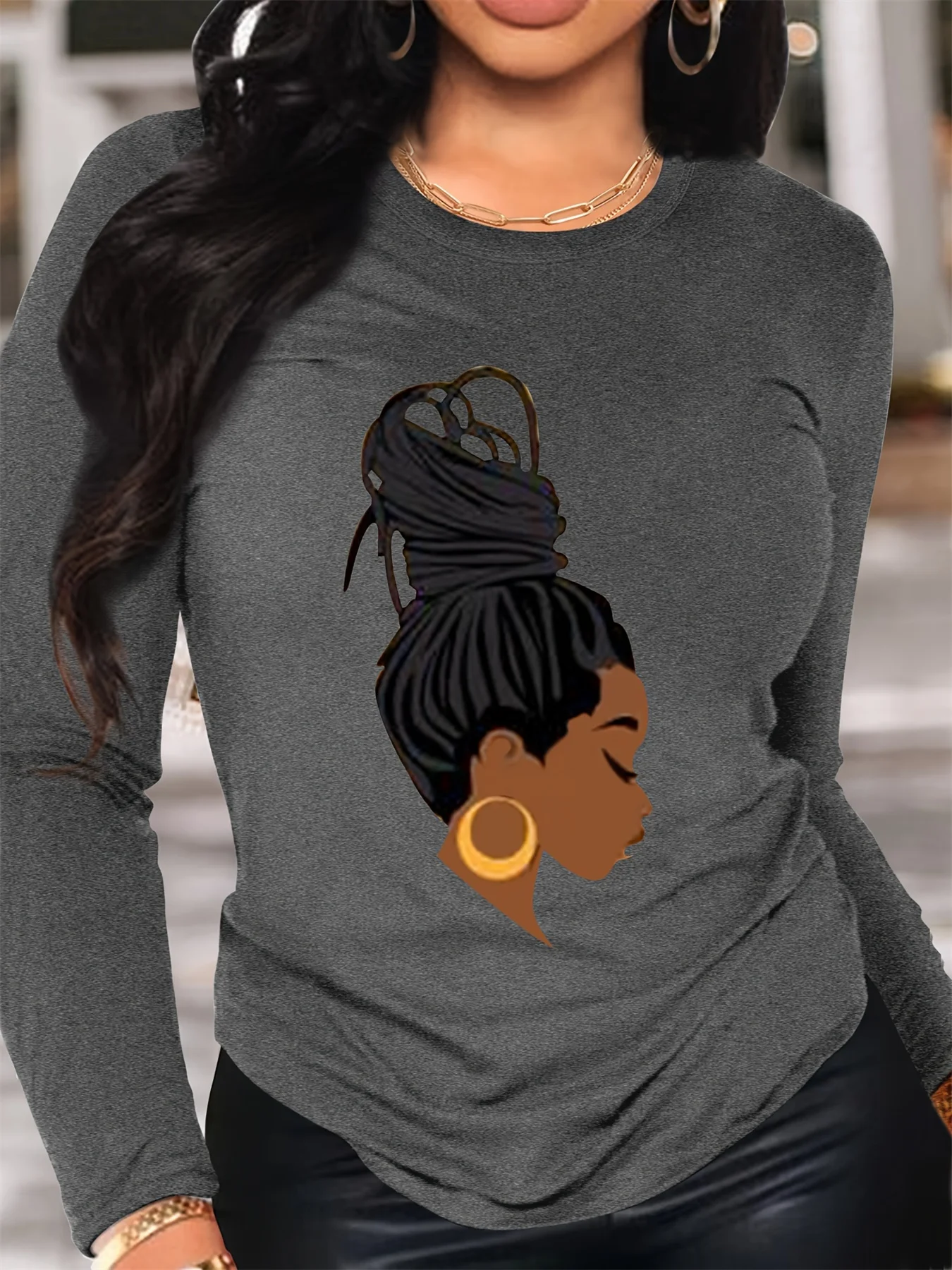 

Женская весенне-осенняя модная повседневная свободная футболка из 100% хлопка с портретным узором и круглым вырезом с длинными рукавами, топ