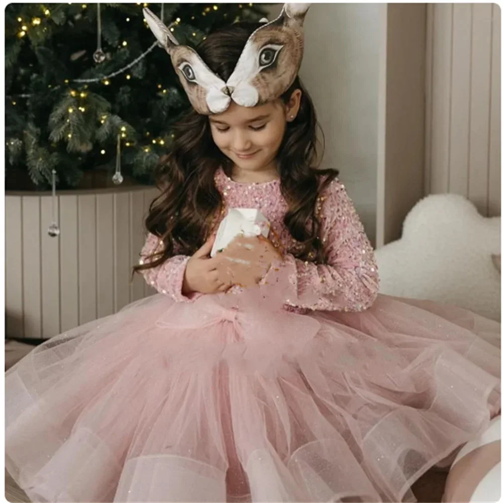 

Shiny Pink Flower Girl Dress For Wedding Full Sleeves Sequined with Bow Knee Lenght Kids Birthday First Communion Gown Custom