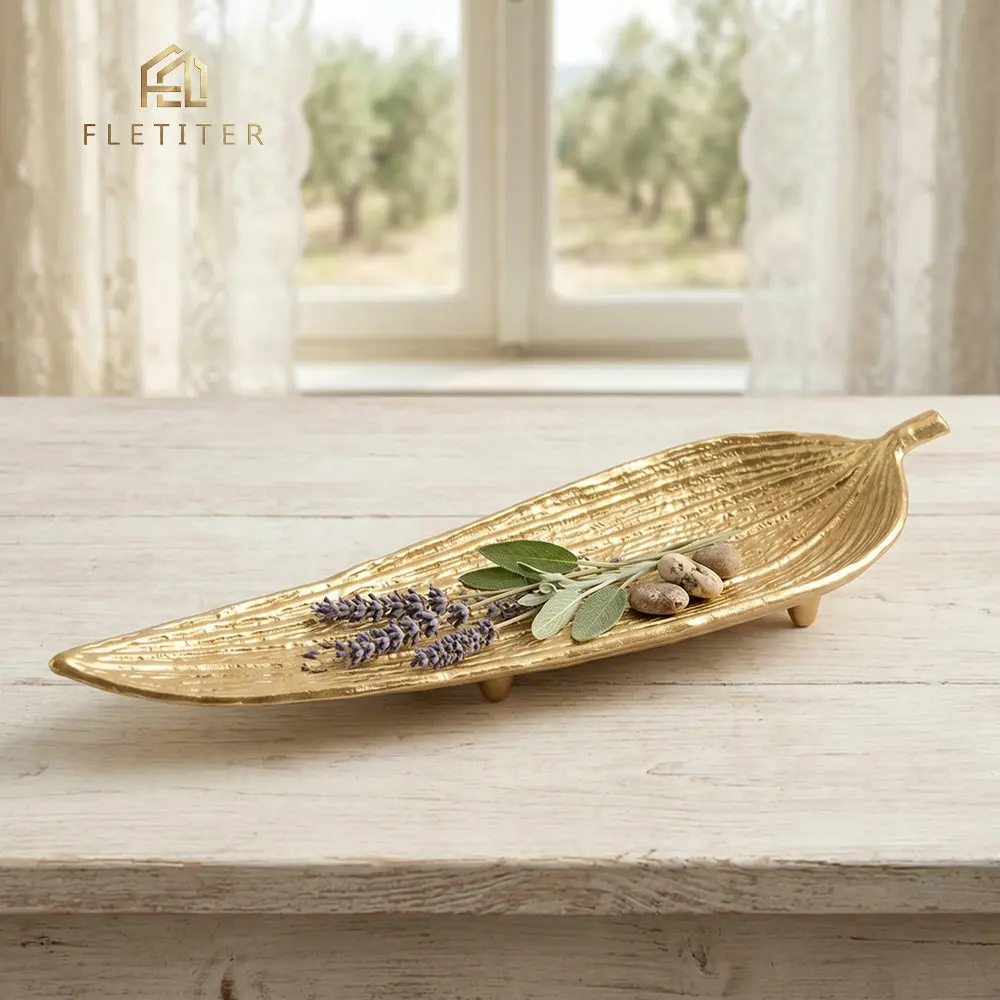 

Luxury Gold Leaf Decorative Tray, Desktop Candle Holder & Entryway Key Storage Dish, Vintage Metal Home Decor Ornament