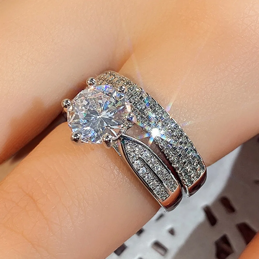Elegant Accessories Zircon Wedding Ring Set silvery 2 Piece Set Engagement Rings Sparkling Couple's Diamond Ring Girl
