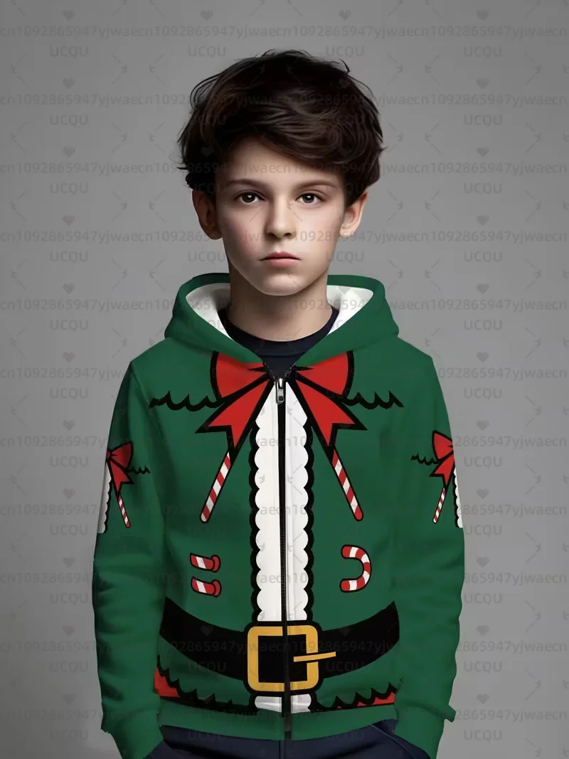 

Boys' 3D Print Hooded Zipper Hoodies Santa Claus & Candy Canes Casual Pullover Spring/Fall Christmas Festive Clothing