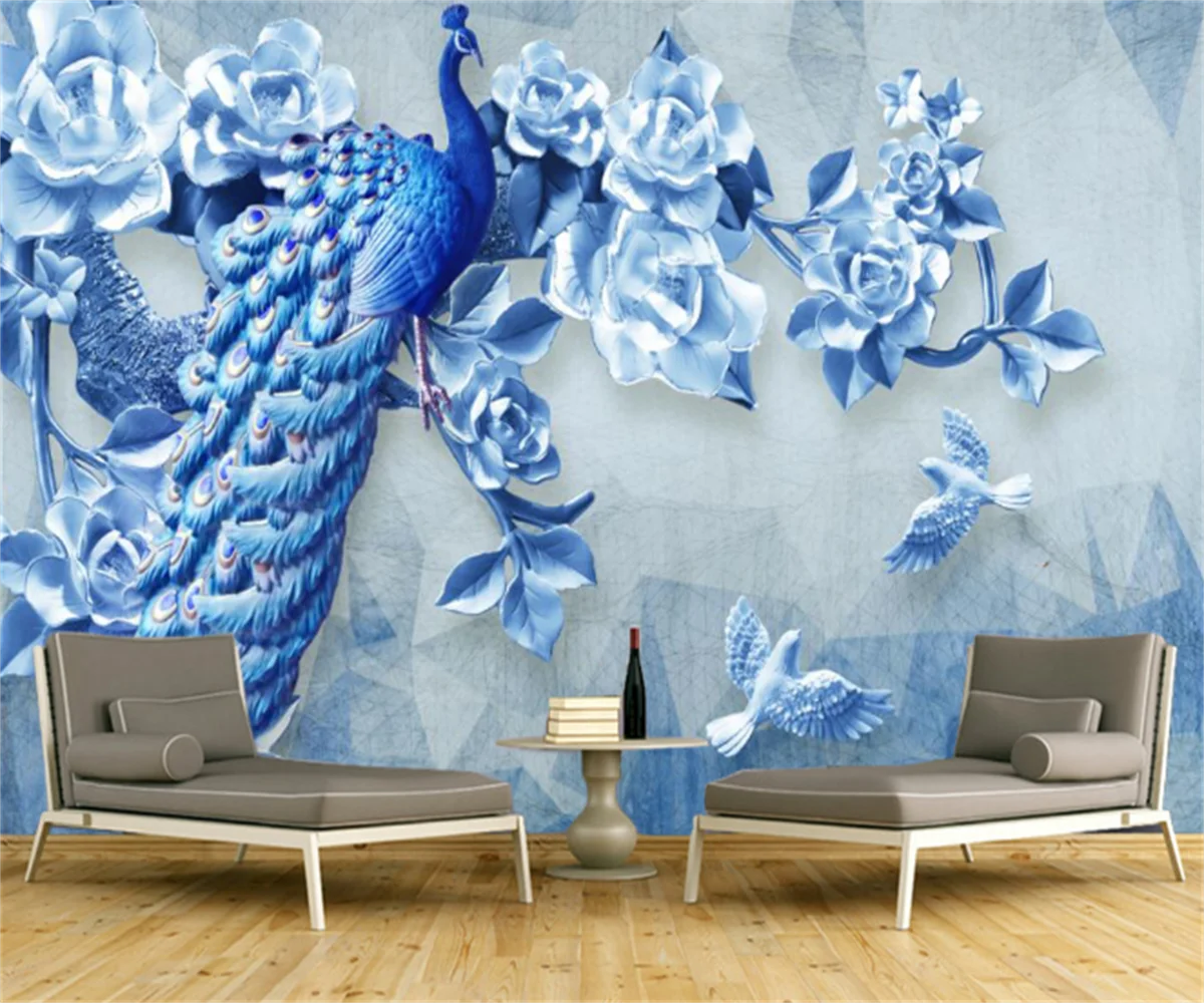 

Customize any size 3D wallpaper stickers new Chinese embossed blue peacock peony TV background wall hotel tooling wallpaper