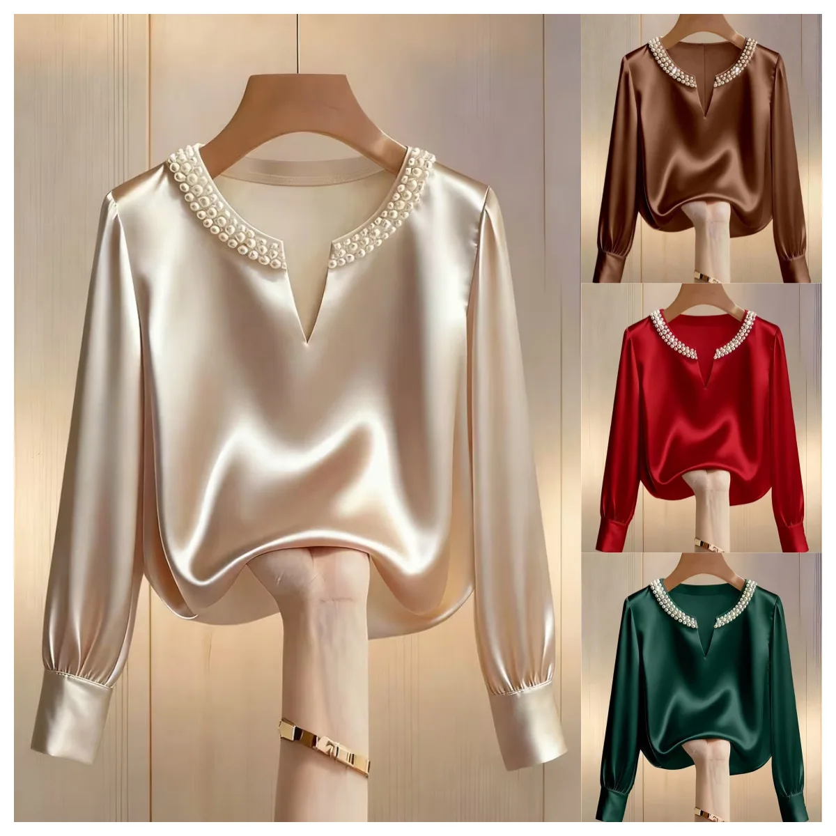 

2026 Spring/Summer French Style High-End Pearl Satin V-Neck Blouse For Women