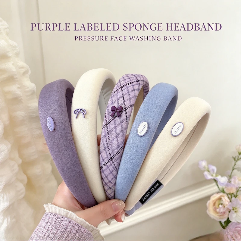 Purple Labeled Sponge Headband Women Pressure Headband Face Washing Hair Band Broken Hair Finishing Clip 2026 New Hair Accessory