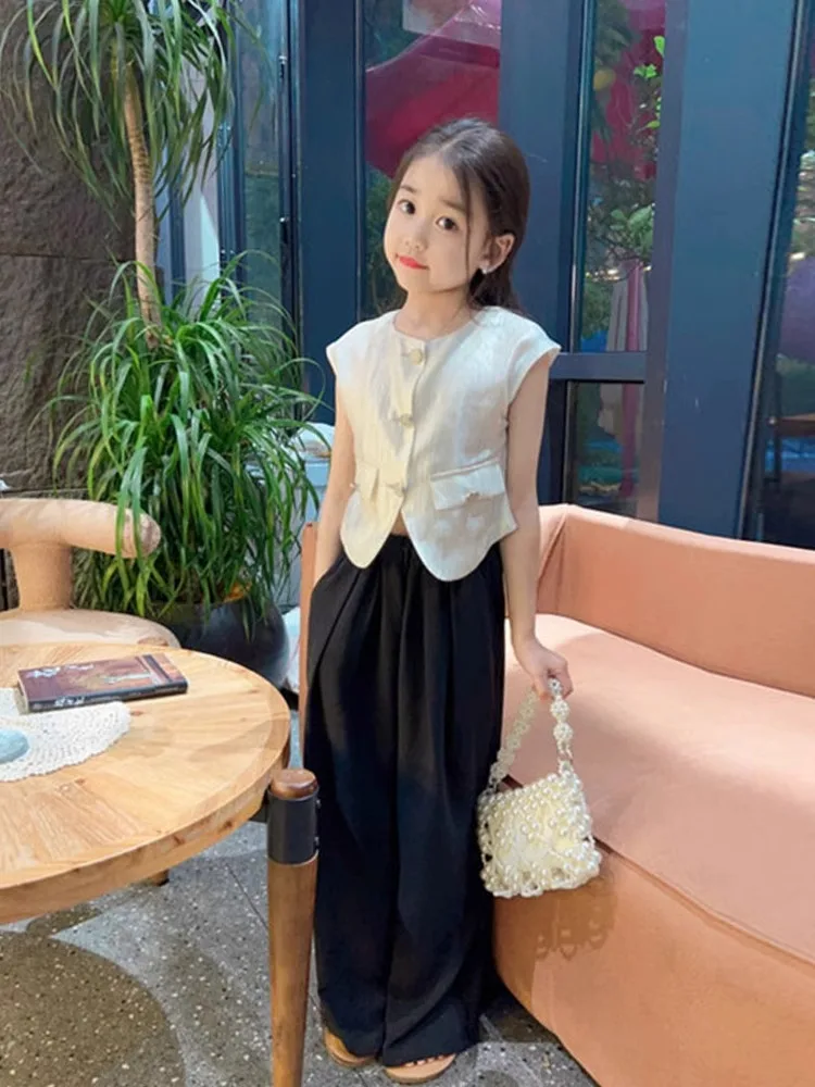 

Design junior girls clothes sets fashion short vest tops+Wide leg pants 2pcs teenager kids girl clothing suit children outfits