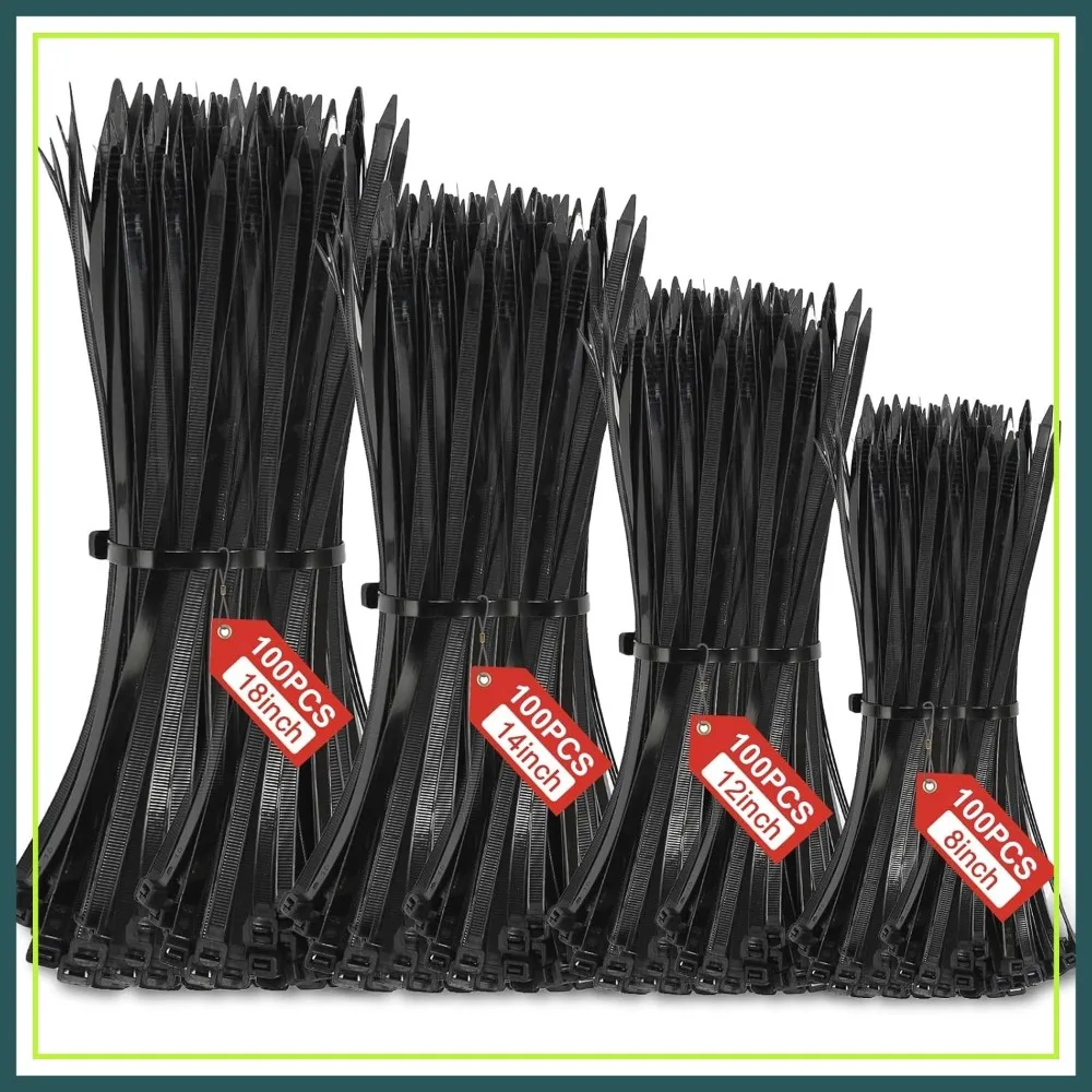 

400 Pack Zip Ties Assorted Sizes 8-18 Inch, 120LBS Heavy Duty Black Cable Ties, Nylon Wire Ties for Indoor Outdoor Use