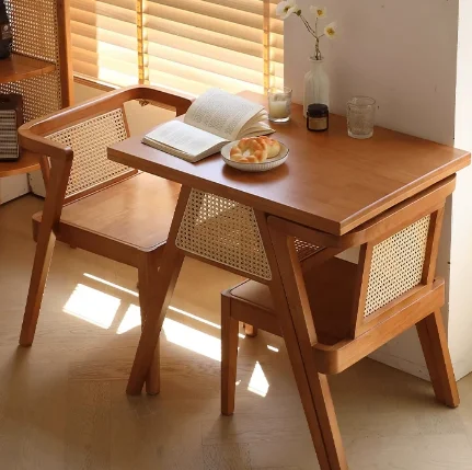 Nordic retro solid wood dining table, balcony small coffee table set with designer rattan one table and two chairs