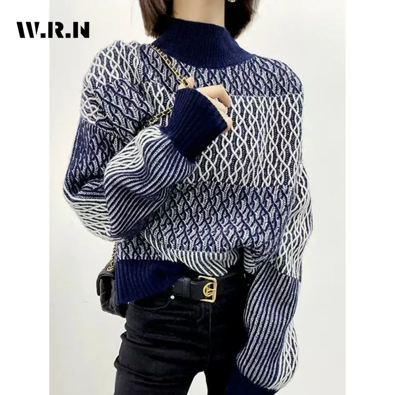 

Women's Vintage Geometric Print Knitting Long Sleeve Casual Pullovers 2025 Winter Fashion Mock Neck Ladies Loose Female Sweater