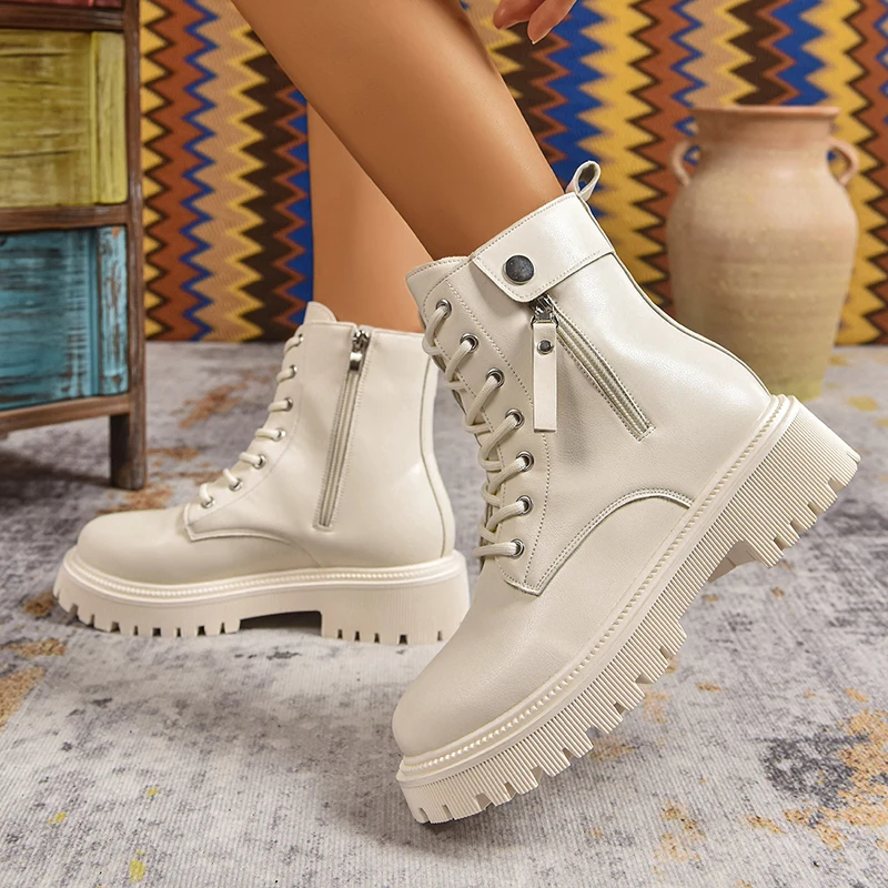 أسود بولي Leather الجلود دراجة نارية أحذية النساء 2025 أزياء من الدانتل حتى منصة حذاء من الجلد امرأة حجم كبير 42 سستة القوطية الأحذية الإناث #5