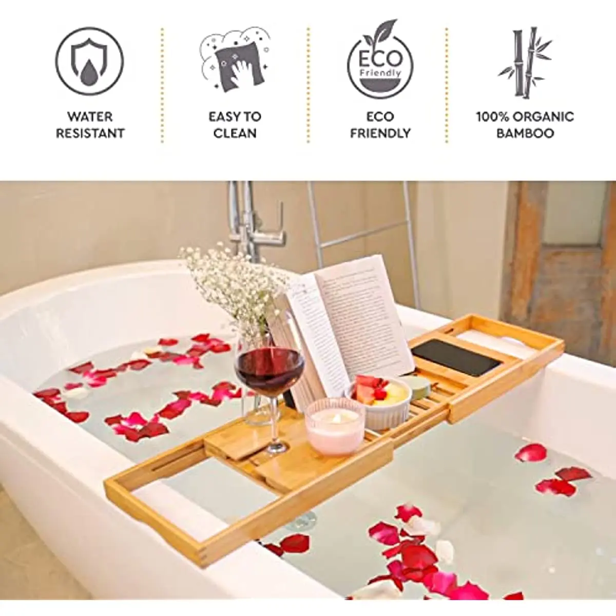 Premium Bamboo Bathtub Tray Expandable Wooden Bath Tray Adjustable Bathroom Tray for Tub Luxury Bath Tub Table Gift Idea for Lov