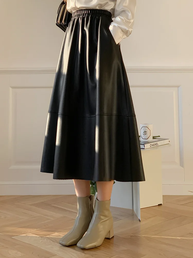 Matakawa A-line PU Skirts Women Autumn Winter Korean Fashion Chic Vintage Faldas Mujer Office Lady Elegant Simple Long Skirt
