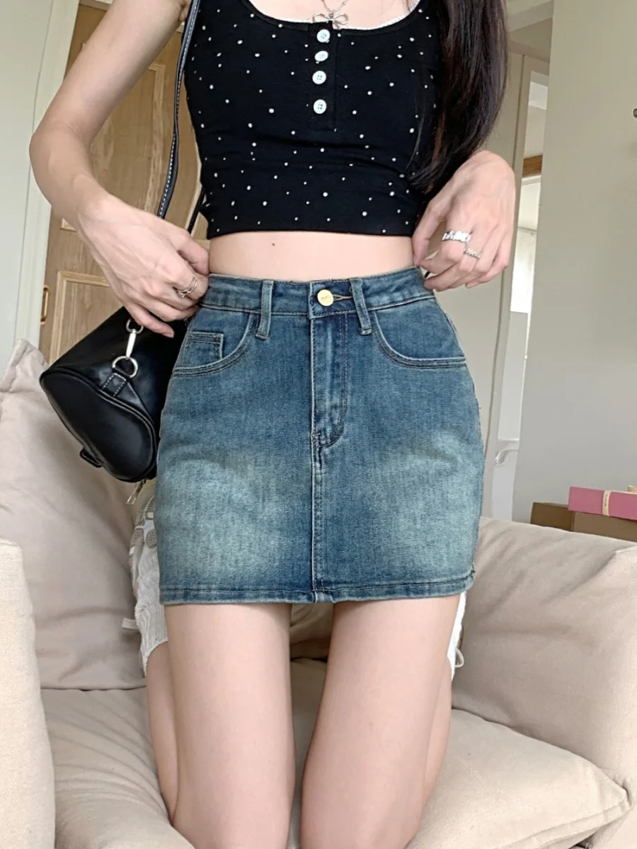 

Retro Spicy Girl Denim Skirt Women Summer Small Size High Waist Large Size Slimming Anti-Light A-Line Bodycon ves Skirt