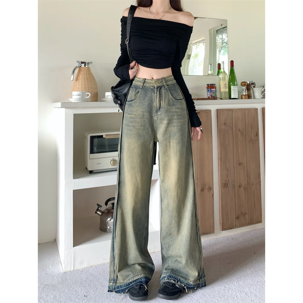 American Retro Wide-leg Jeans Women's Autumn and Winter High Waist Design with Rough Edges Mopping The Floor Pants