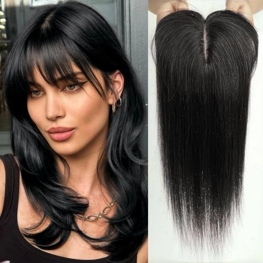 Real Human Hair Toppers with Bangs 150% Density Silk Base Clip in Topper Top Hair Pieces for Women with Thinning Hair Black 10In