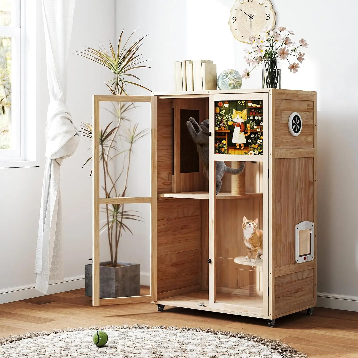 Large Wooden Cat House on Wheels, Indoor Cat Villa with Condo, Multi Platforms, Scratchers, Vent, Litter Box Area, Custom