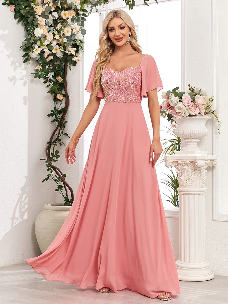 Women Square Neck Short Sleeve Coral Pink Formal Evening Dress A-line Sequin Chiffon Birthday Party Long Dress New