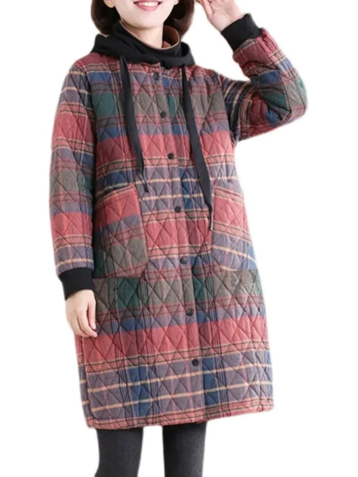 سترة نسائية شتوية من القطن والكتان بنقشة مربعات كلاسيكية، معطف خفيف الوزن ودافئ بطول متوسط يصل إلى الركبة مع غطاء للرأس