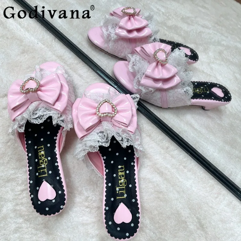 

Lolita Original Design High Heels Japanese Girl Sweet Cool Style Bow Slippers Cute Ancient Feeling Gal Open Toe Lo Shoes