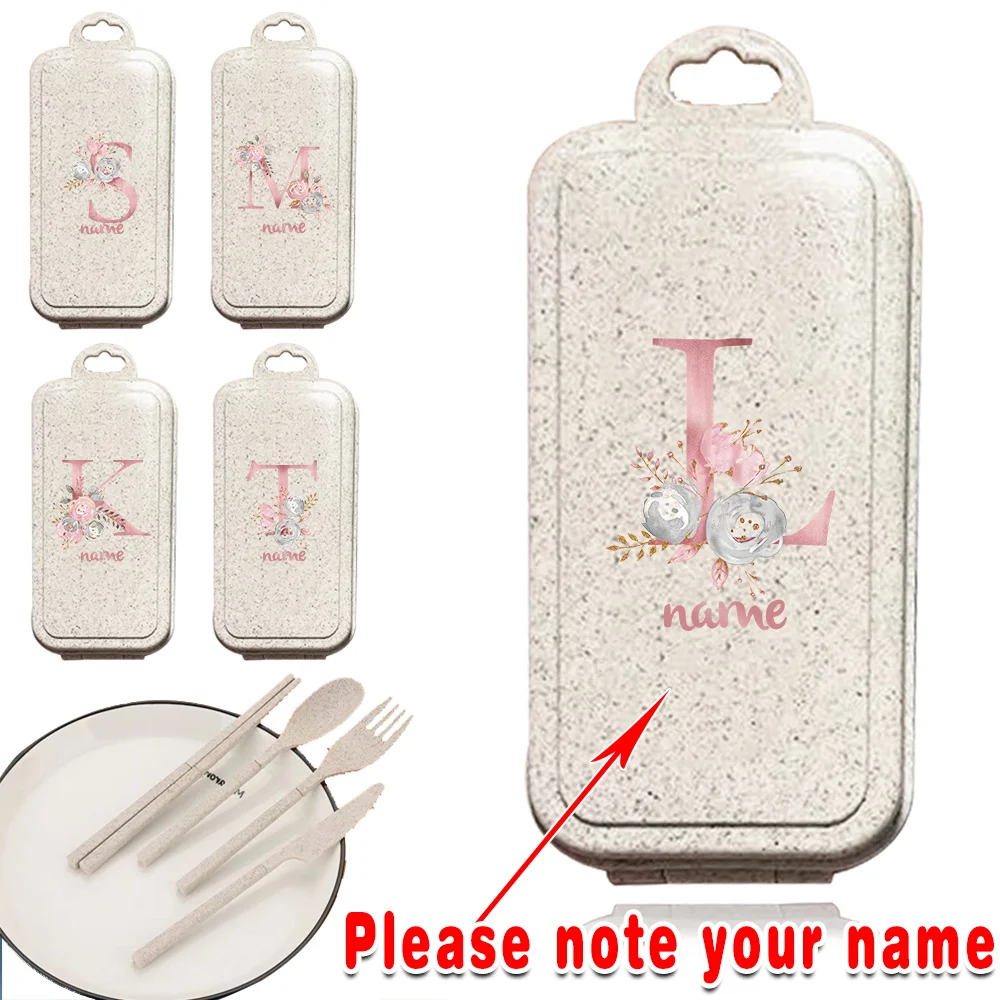 

4 Pcs Customized Name Wheat Straw Utensils Kit Pocket Cutlery Set With Case DIY Detachable Dinnerware Organizer Box Personalized