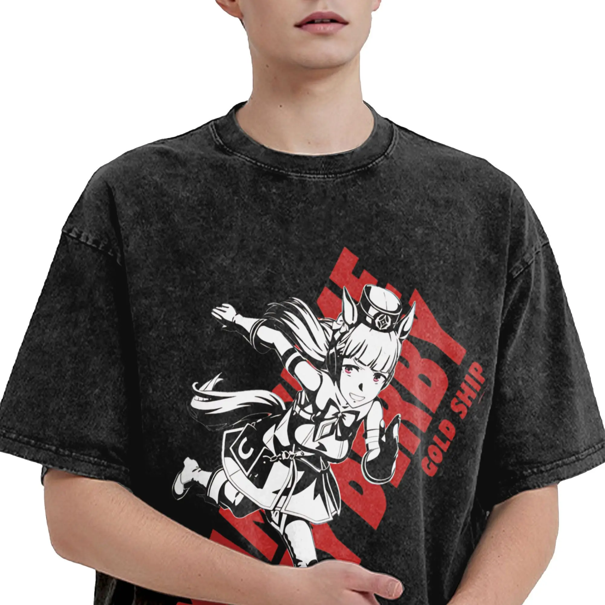غسلها تي شيرت Uma Musume جميلة ديربي الذهب السفينة أنيمي الهيب هوب تي شيرت غير رسمي كبير الحجم الشارع الشهير ملابس علوية من القطن المحملة للرجال والنساء