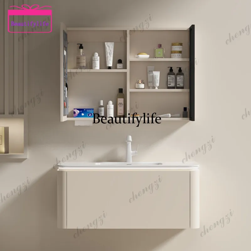 A17 Cream gray wind solid wood bathroom cabinet, smart mirror cabinet, round mirror integrated ceramic basin combination