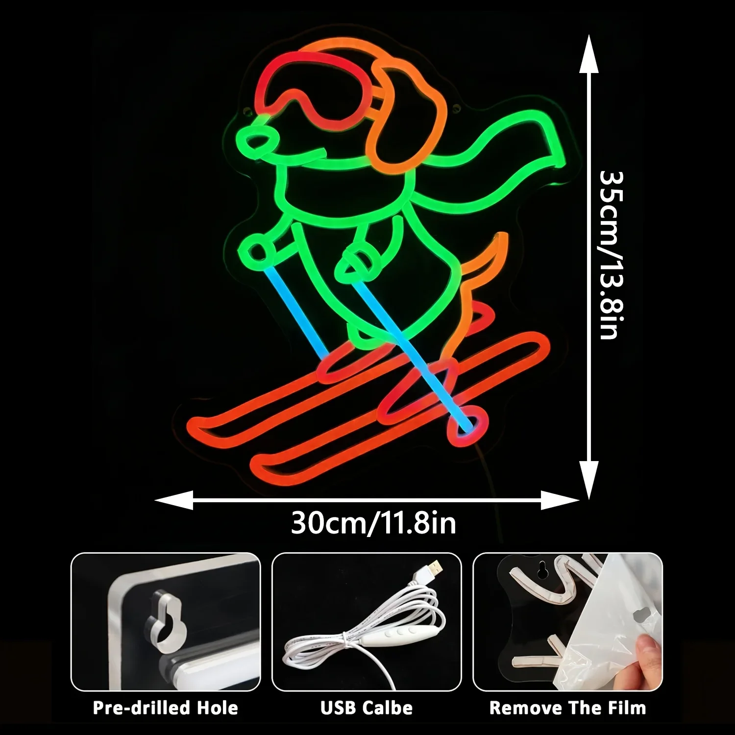 Ski Girl Neon Sign Winter Sports LED Wall Art USB Powered Colorful Decor Home Living Room Bar Snowboard Lover Novelty Gift