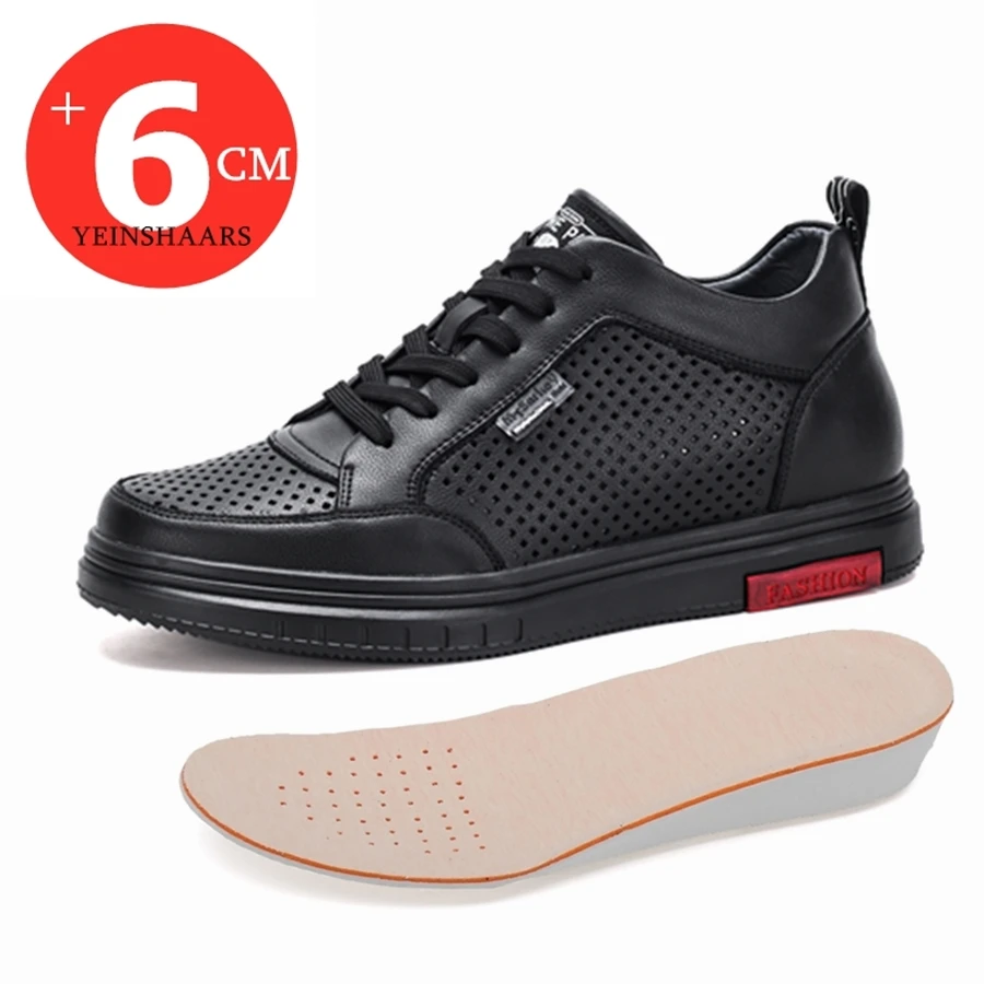 Sapatos de elevador de couro genuíno masculino, Altura crescente calçado, Sapatos de cordões planos respiráveis, Marca de luxo, Verão