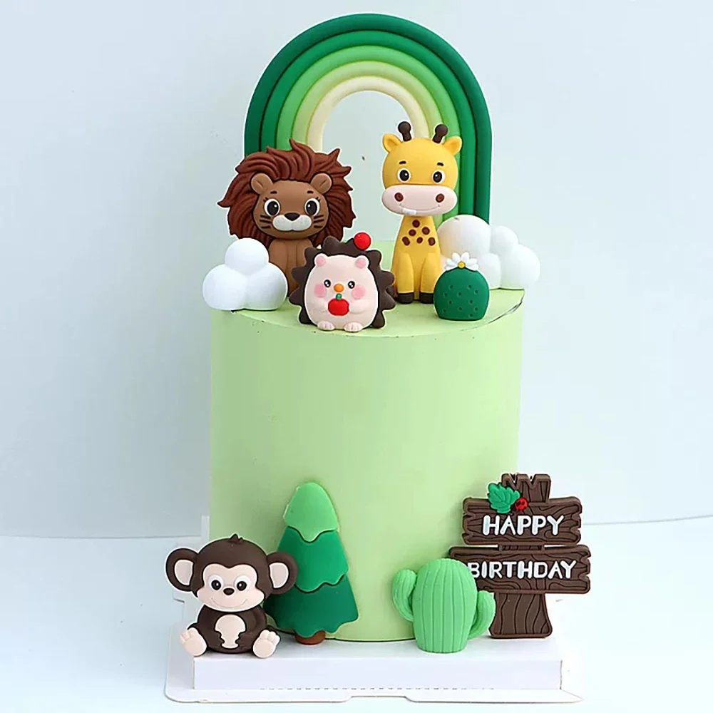 Waldtier-Kuchenaufsatz, Dschungel, Löwe, Giraffe, Affe, Igel, Kaktus, Safari, Thema, Geburtstagsparty, Kuchendekoration, wilde Feier – Detail 1