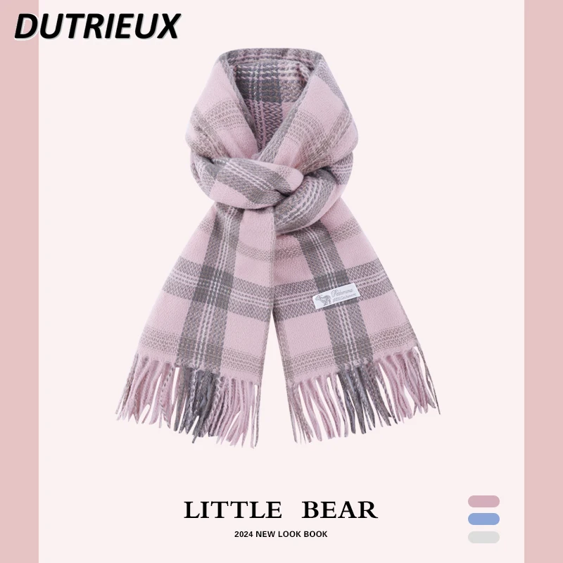 Korean Japanese Style Atmosphere Jk Plaid Women's Scarfs Winter Versatile Sweet Cute Girl Thickened Warm Scarf Fashion 2024 New