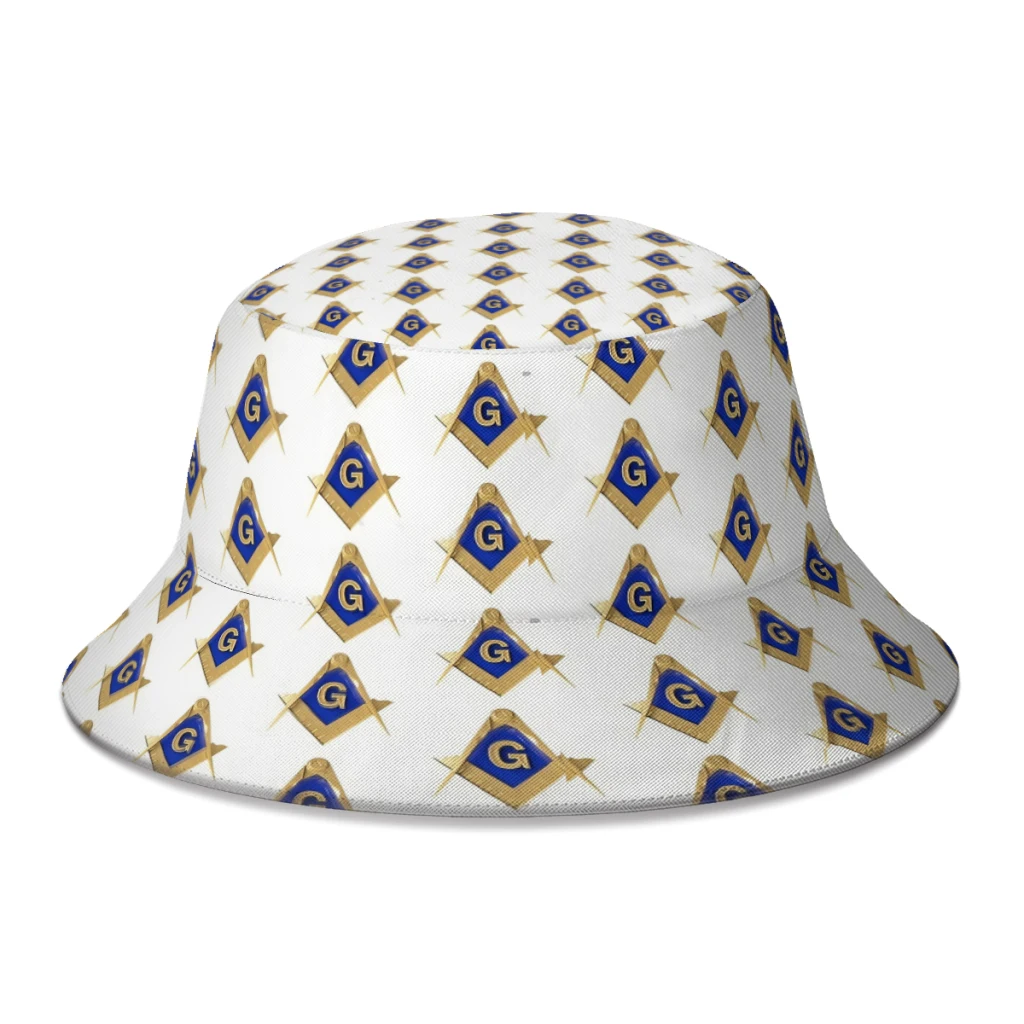 Freemason Gold Square  Compass Masonic Polyester Bucket Hats Unisex Full Printed Panama Fisherman Cap Outdoor Sun Hat