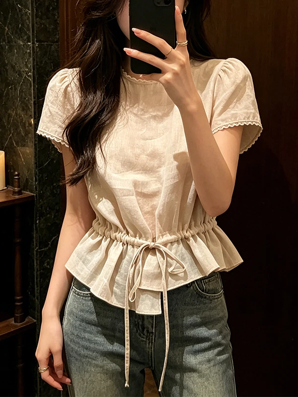 

Unique Beautiful Short Sleeve Shirt Women's Summer 2026 New Style Pleated Waist Slimming High-End Feeling Top Korean Style