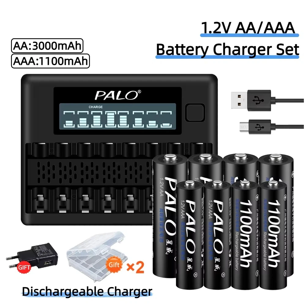 PALO 1,2V AA+AAA Wiederaufladbares Batterieladegerät-Set AA 3000mAh AAA 1100mAh Mit 8-Slot-Ladegerät 4-8 Stück