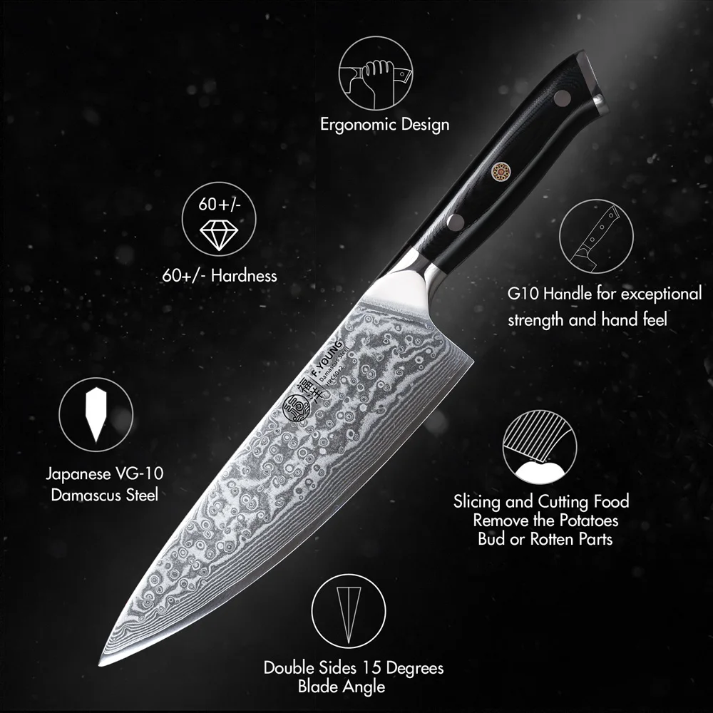 F.YOUNG 8 Inch Professional Chef\'s Knives Japanese 67 Layer Damascus Steel VG10 Core Super Sharp Meat Vegetable Kitchen Knife