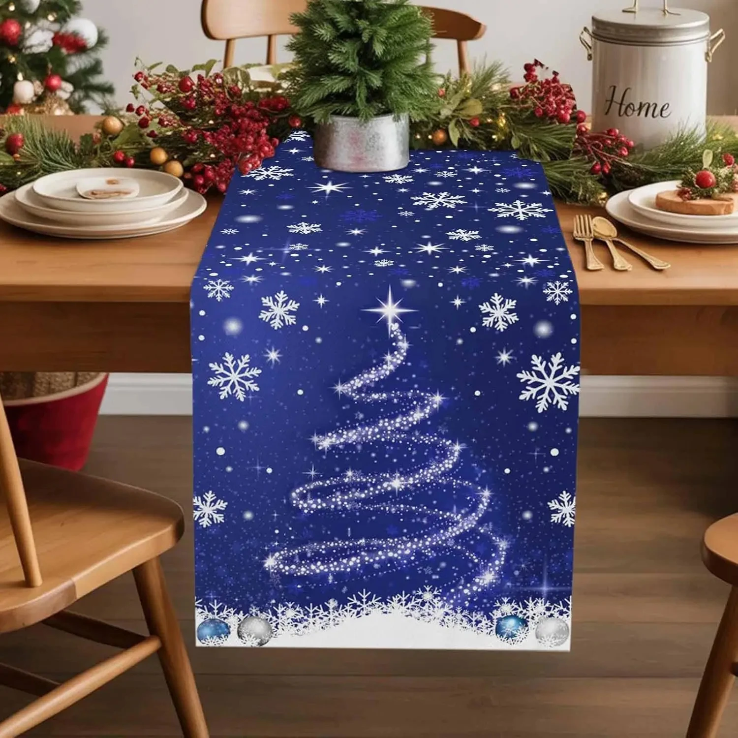 

Christmas Navy Blue Table Runner - Snowflake & Xmas Tree Design, Perfect for Winter Party, Kitchen Dining Table Decor