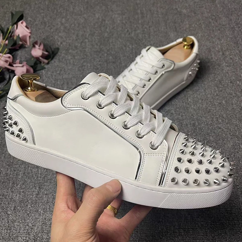 mens luxury fashion studded shoes lace-up flats platform rivets shoe singer stage DJ spikes sneakers white soft leather footwear