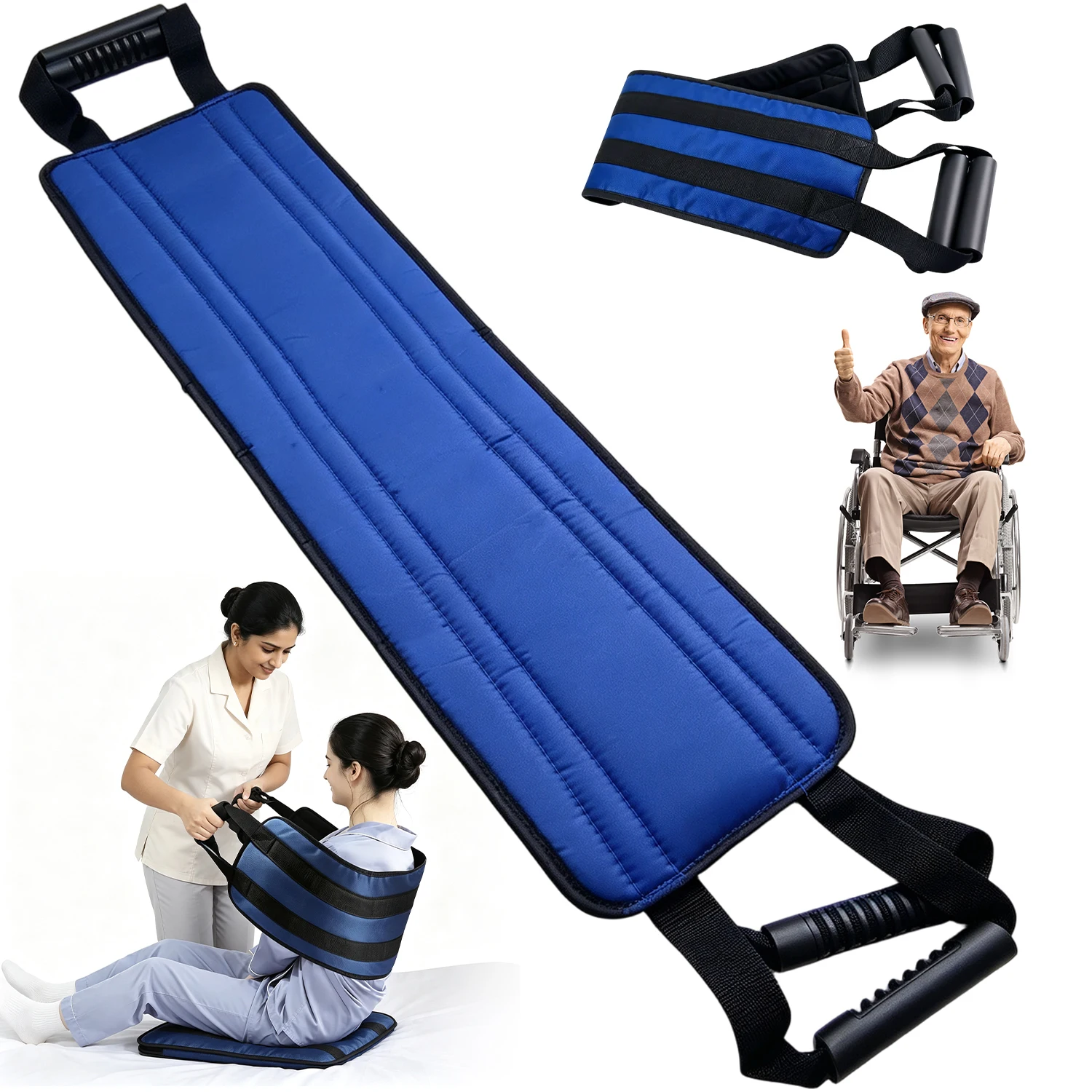 Ceinture de transfert avec doubles poignées pour le retournement et le positionnement au lit, sangle d'aide à la mobilité 110x20cm pour personnes âgées alitées, aide à la levée en tissu Oxford rembourré, support de rééducation pour les soignants et manutention sécurisée des patients