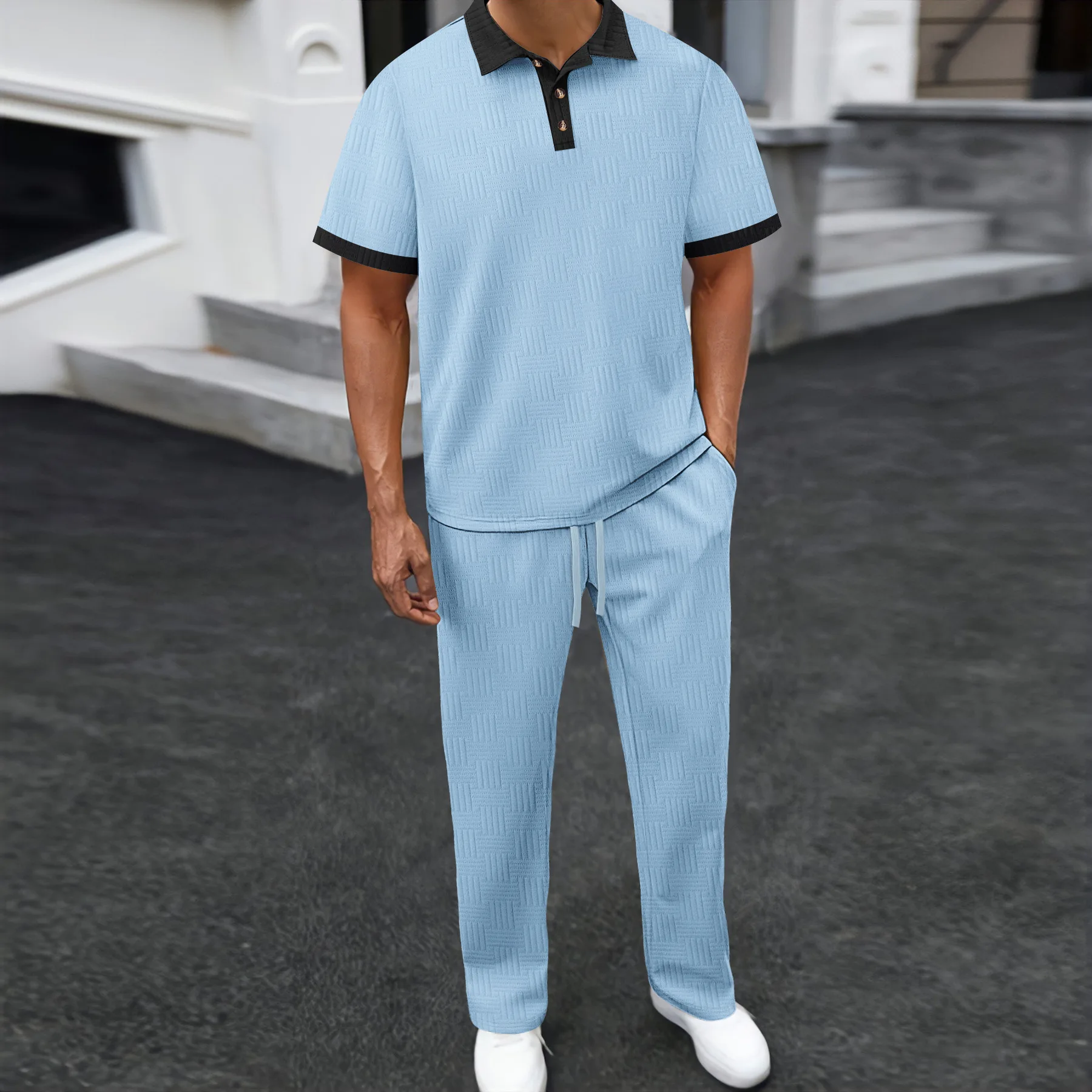 

Men's Summer New Jacquard Lapel Color Matching Short-sleeved POLO Shirt And Trousers Casual Sports Suit