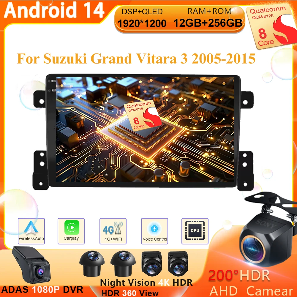 For Suzuki Grand Vitara 3 2005-2015 Android 14 Car Radio Multimedia Player Navigation Stereo Carplay Audio Head Unit DVD no 2Din