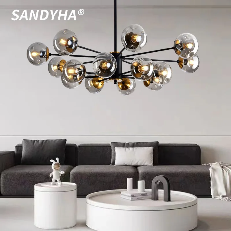 

SANDYHA Nordic Retro Glass Ball Living Room Led Pendant Lights Modern Creative Minimalist Bedroom Restaurant Decor Chandelier