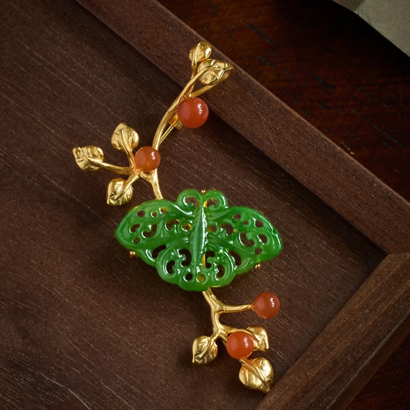 

Брошь-бабочка из натурального нефрита, изысканная булавка из стерлингового серебра в китайском стиле, цветочные украшения ручной работы