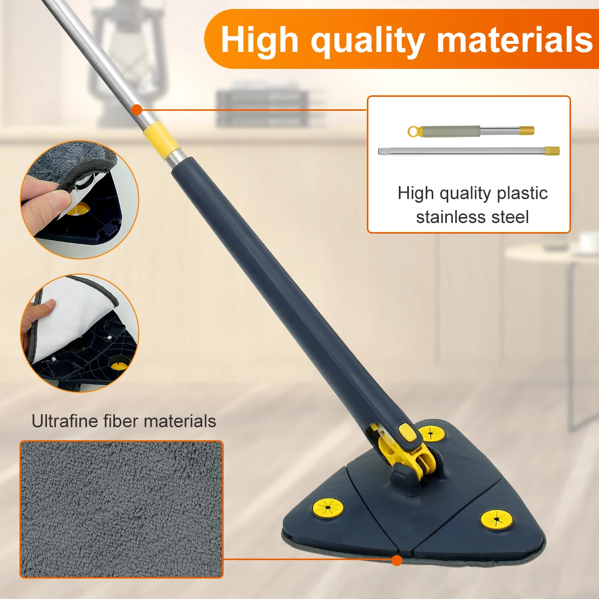 Telescopic Triangle Mop 360° Rotatable Spin Cleaning Mop Adjustable Squeeze Wet and Dry Use Water Absorption Home Floor Tools