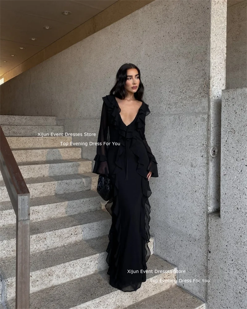 Xijun Black Asymmetric Evening Dresses Long Chiffon Prom Dresses Long Sleeves Party Dresses V-Neck Prom Gowns Ruffles For Women