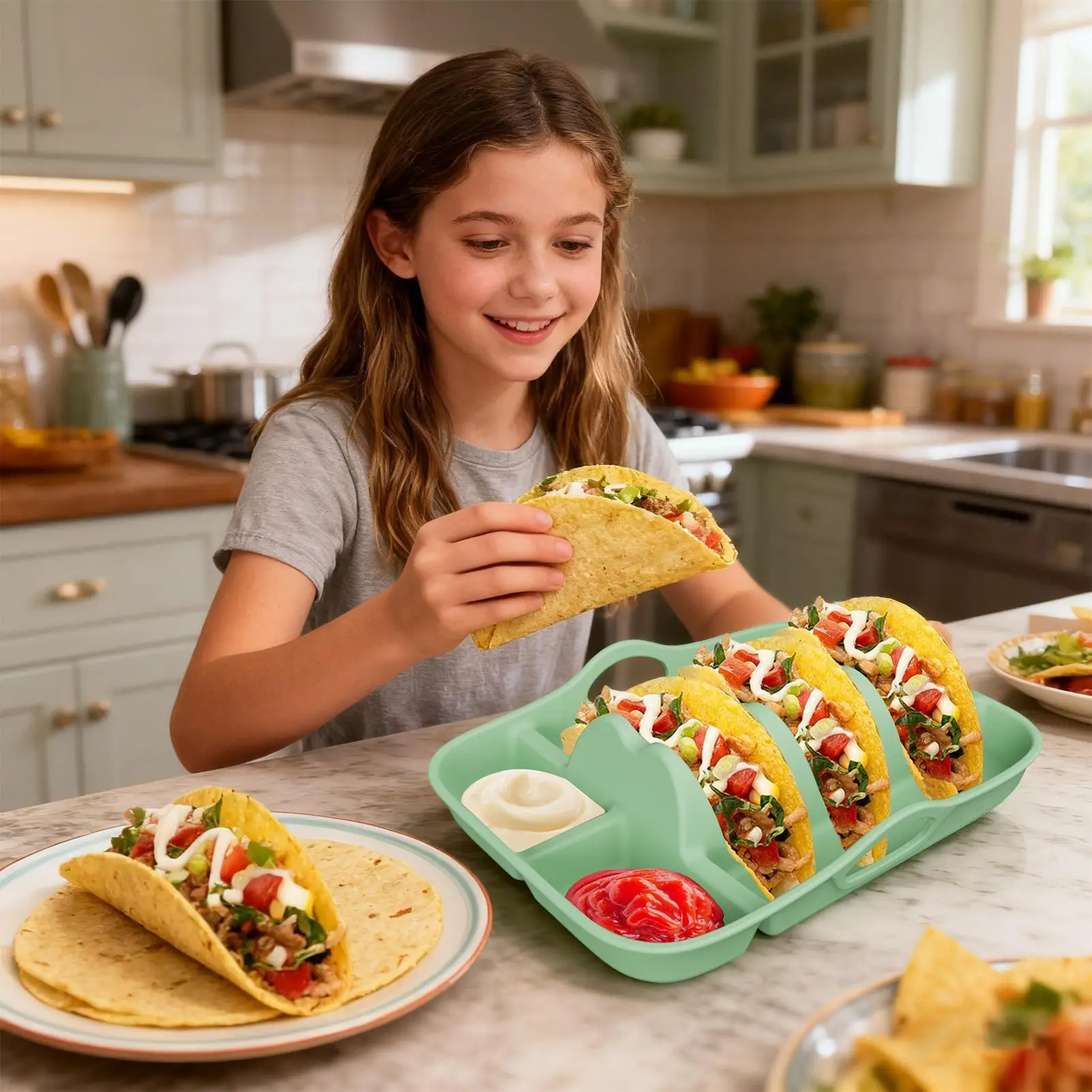 Taco Plates Silicone Taco Shells Holder Tray Reusable Snacks Plates With Dipping Sides For Home Tuesday Barbecue Camping Picnic